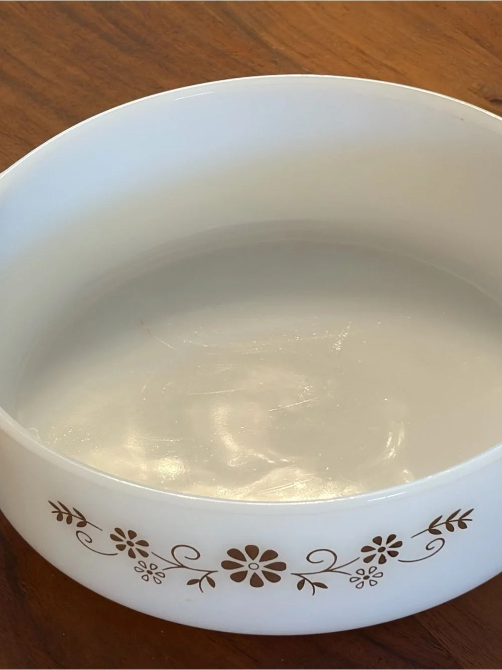 Vintage Dynaware Pyr-o-Rey oven to table milk glass baking dish brown floral